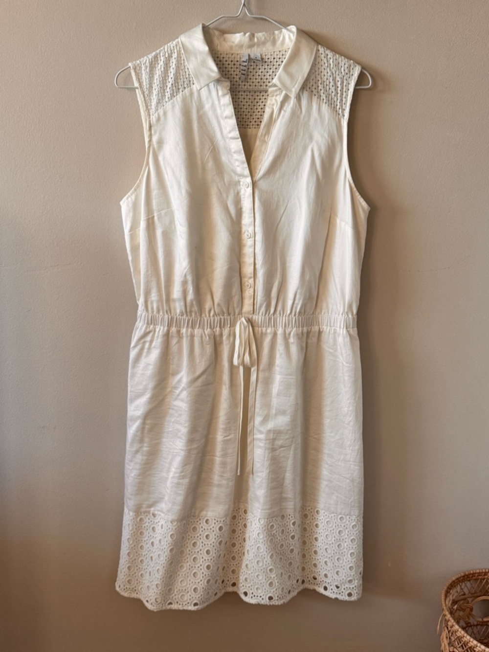 Elle Cream Sleeveless Drawstring Shirt Midi Dress with Eyelet Hem